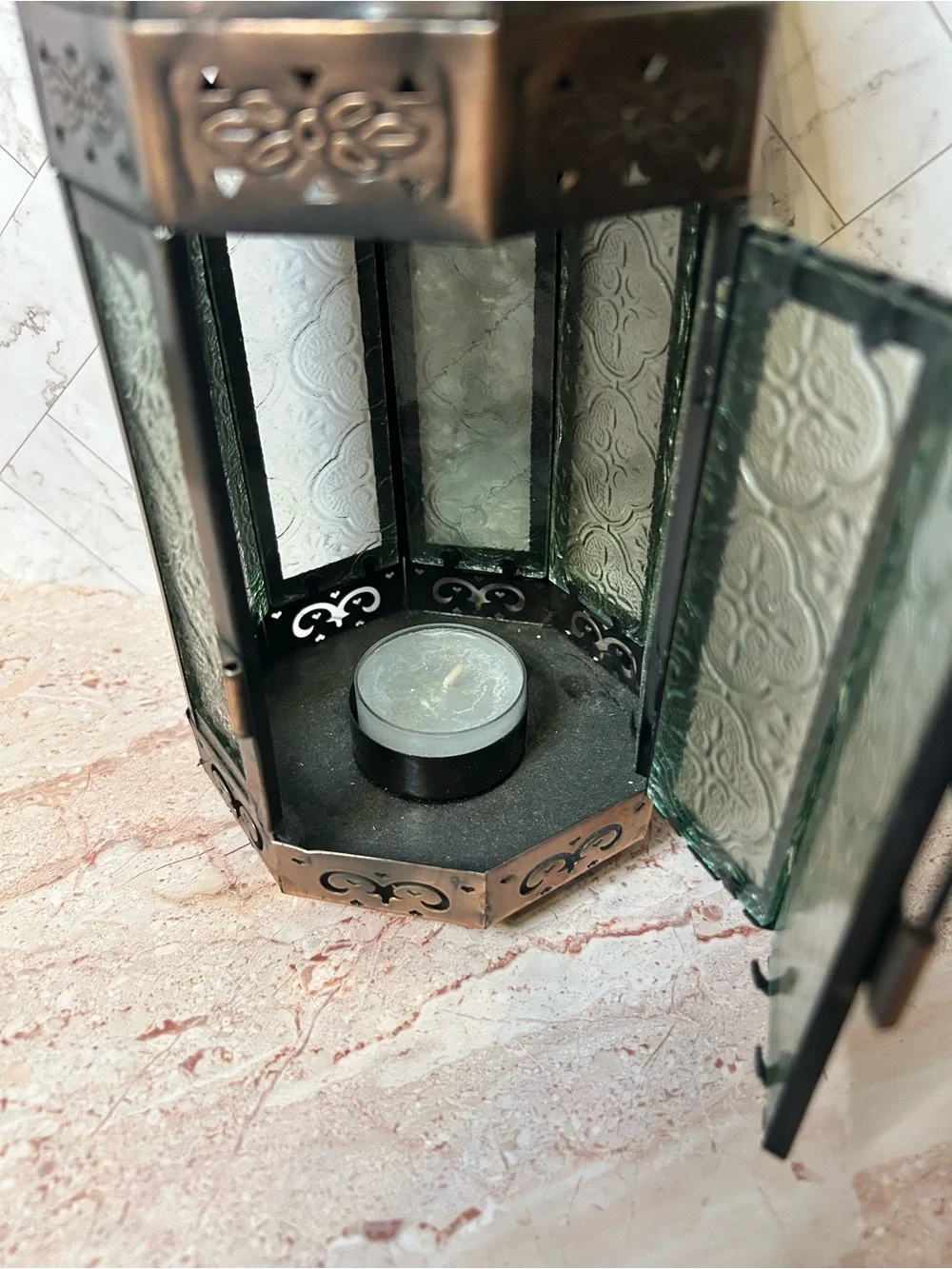 Antique- Moroccan Style Copper Lantern with Green Glass Panel